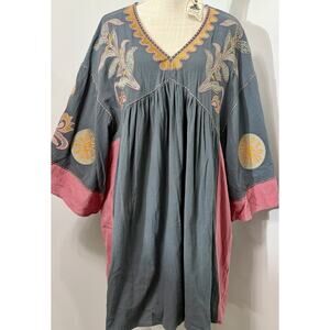 NEW Easel Boho Floral Embroidered Gray Pink Linen Wide Sleeves Dress Large L